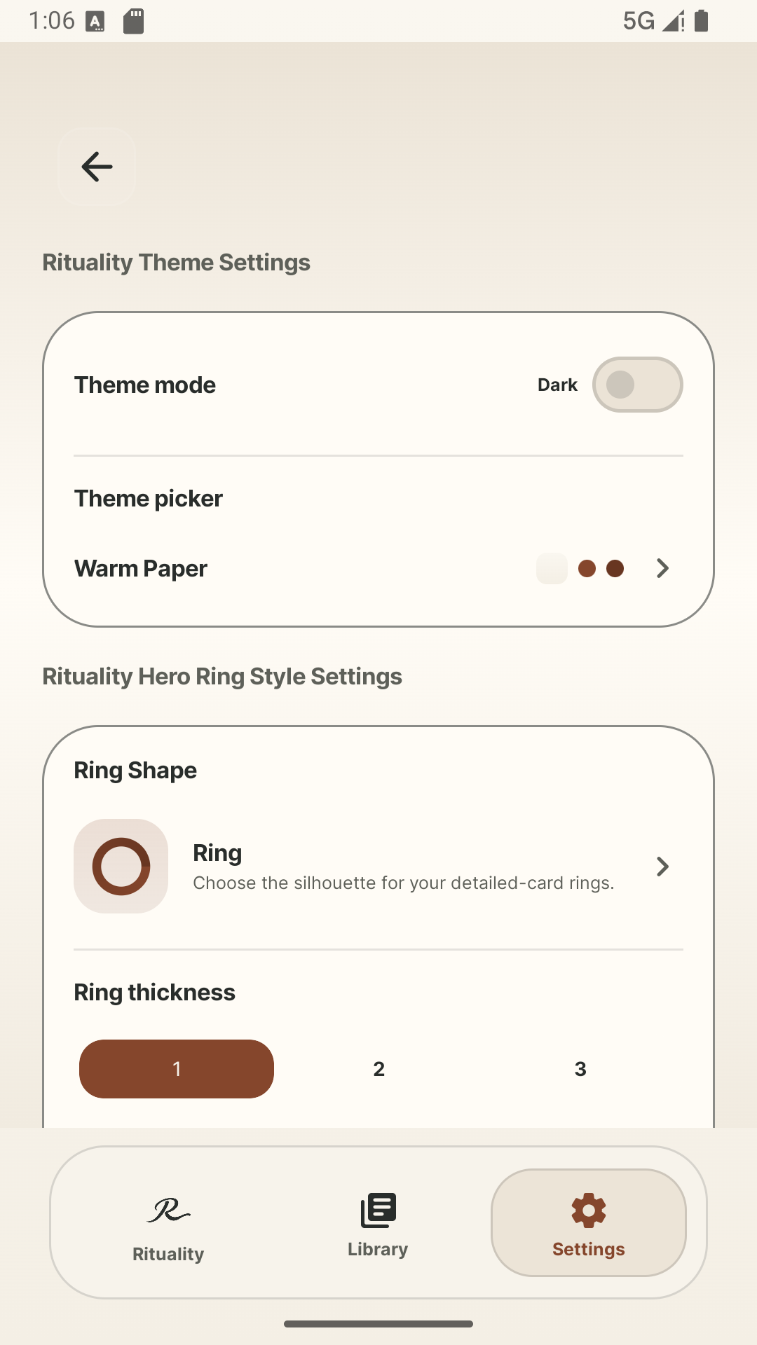 Rituality Display settings in Warm Paper.