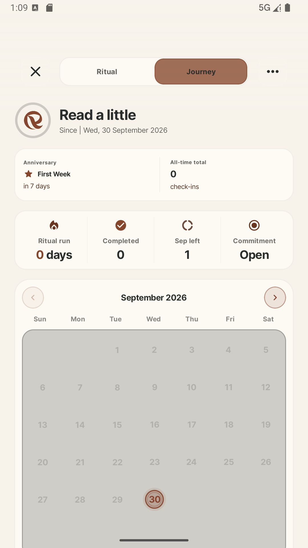 Journey calendar for the example reading ritual.
